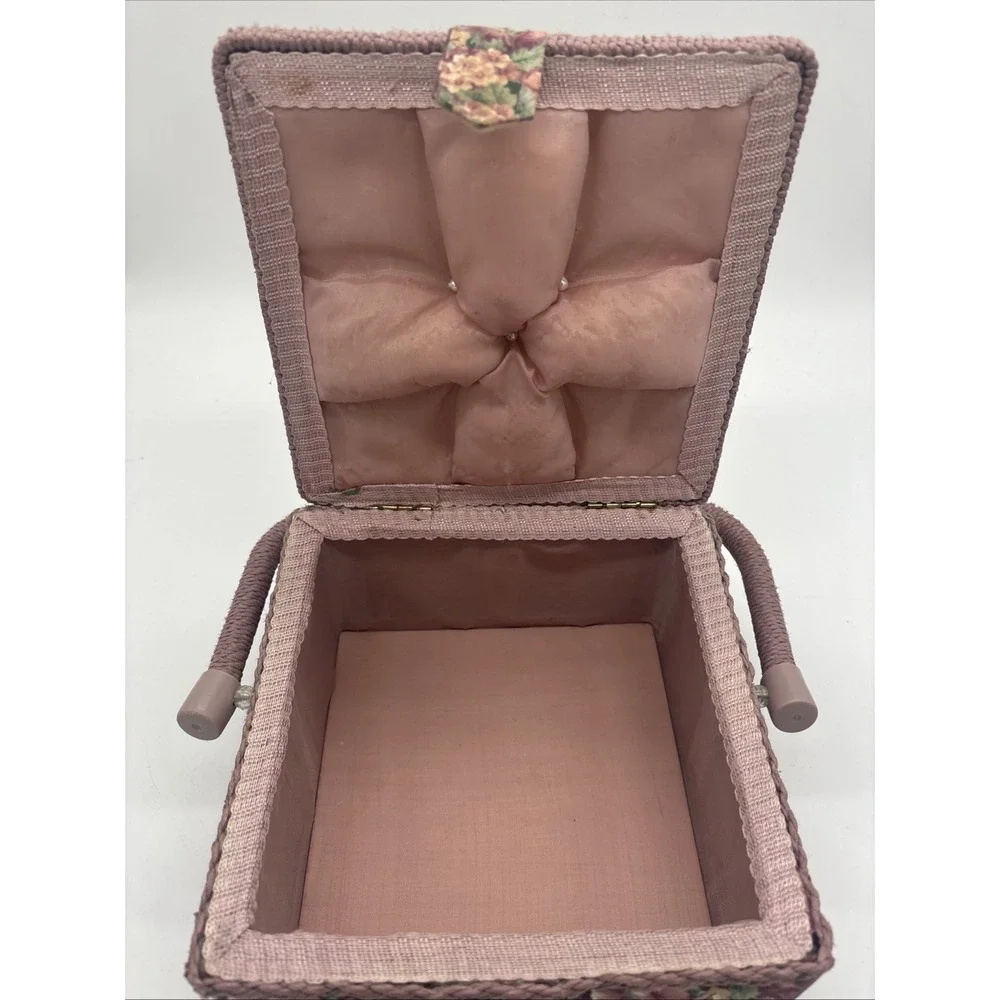 Floral Wicker Sewing Basket Box Vintage Granny Chic Pin Cushion Box